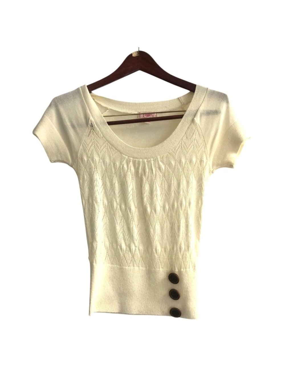 CANDIE'S- WOMEN IVORY KNIT CREW NECK SHORT SLEEVE TOP SIZE SMALL